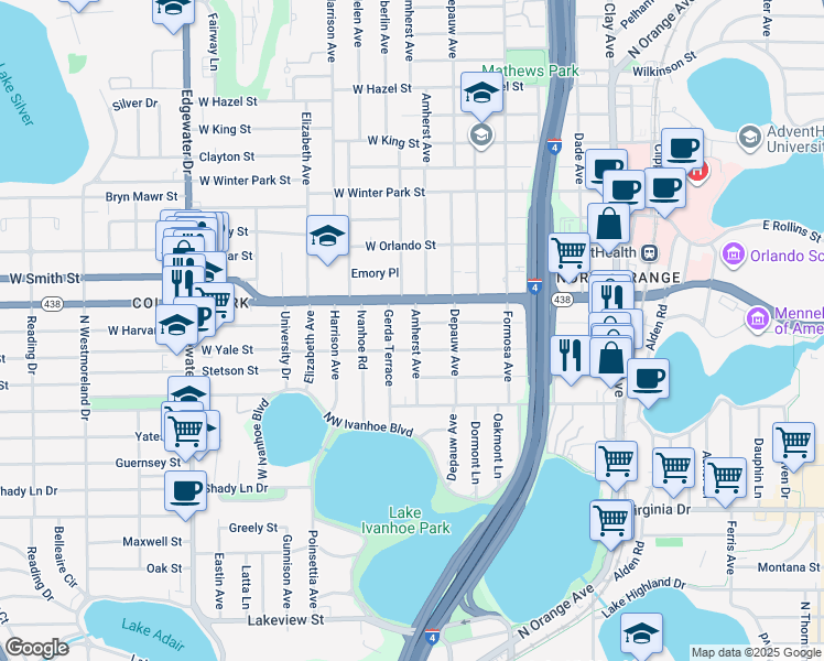 map of restaurants, bars, coffee shops, grocery stores, and more near 2104 Amherst Avenue in Orlando