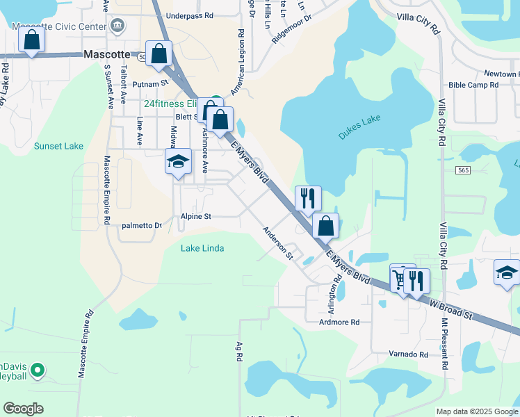map of restaurants, bars, coffee shops, grocery stores, and more near 719 Alpine Street in Mascotte