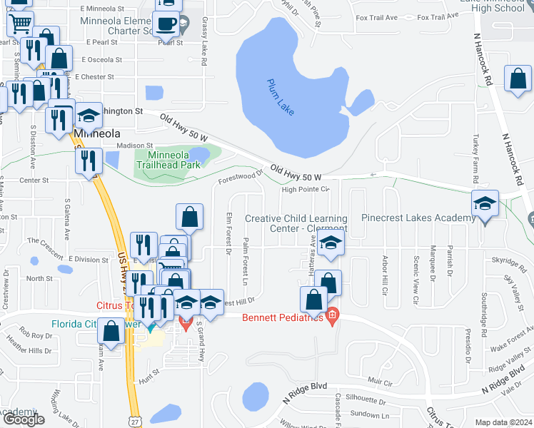 map of restaurants, bars, coffee shops, grocery stores, and more near 821 Maple Forest Avenue in Minneola