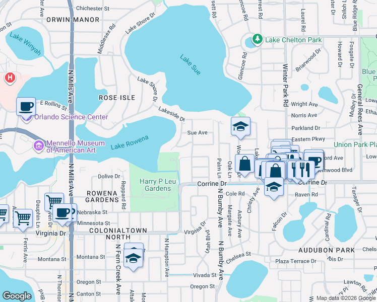 map of restaurants, bars, coffee shops, grocery stores, and more near 2025 Merritt Park Drive in Orlando