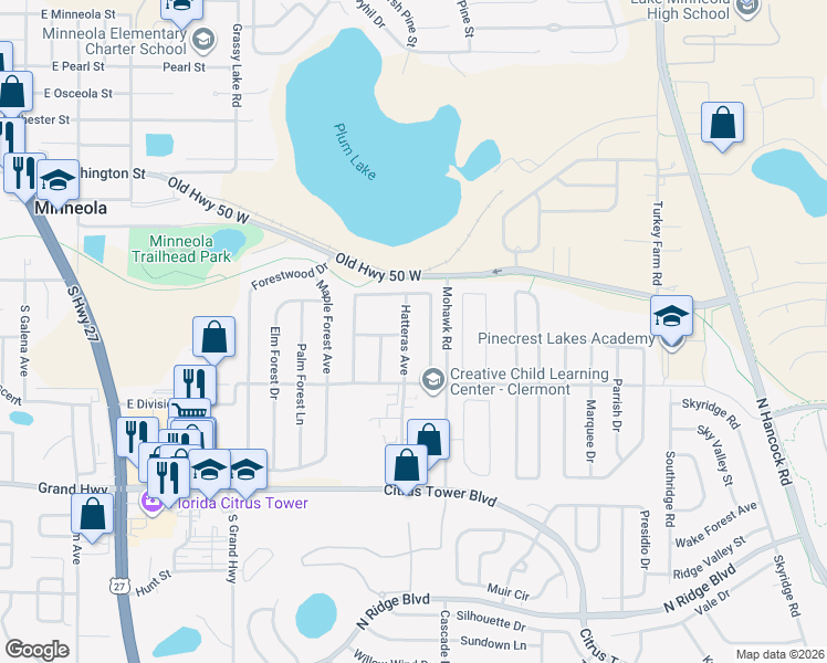map of restaurants, bars, coffee shops, grocery stores, and more near 820 Hatteras Avenue in Minneola