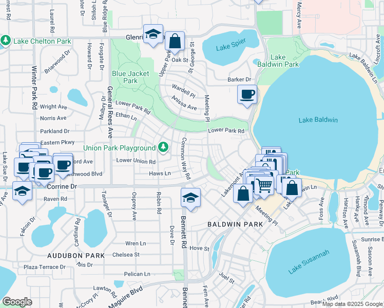 map of restaurants, bars, coffee shops, grocery stores, and more near 4273 Upper Union Road in Orlando