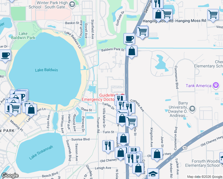 map of restaurants, bars, coffee shops, grocery stores, and more near 5434 Decatur Street in Orlando