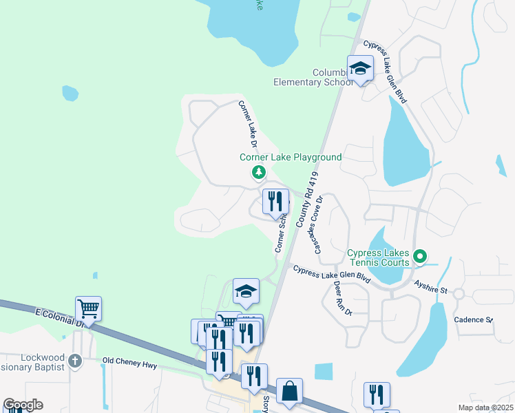 map of restaurants, bars, coffee shops, grocery stores, and more near 16912 Corner Hill Court in Orlando