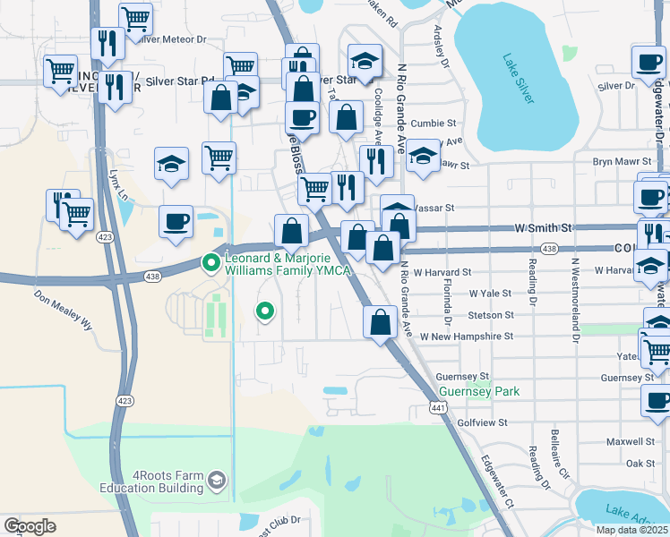 map of restaurants, bars, coffee shops, grocery stores, and more near 2090 North Orange Blossom Trail in Orlando