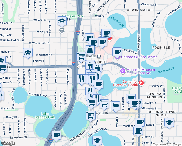 map of restaurants, bars, coffee shops, grocery stores, and more near 321 Harvard Street in Orlando