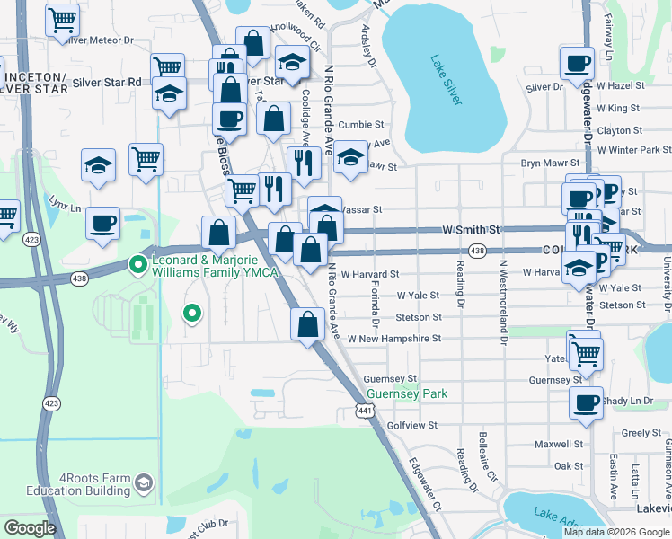 map of restaurants, bars, coffee shops, grocery stores, and more near 1445 West Harvard Street in Orlando
