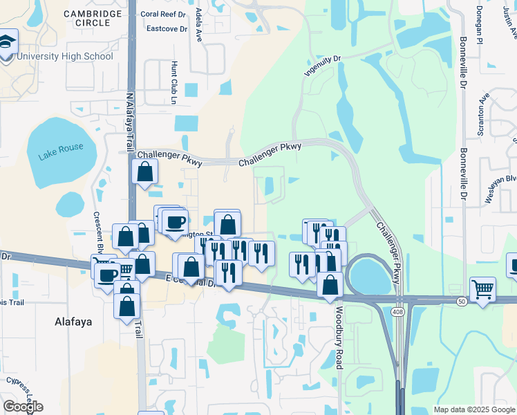 map of restaurants, bars, coffee shops, grocery stores, and more near 12712 Orpington Street in Orlando