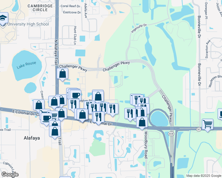 map of restaurants, bars, coffee shops, grocery stores, and more near 12700 Orpington Street in Orlando