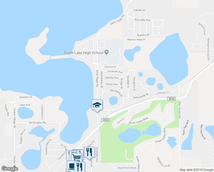 map of restaurants, bars, coffee shops, grocery stores, and more near 1522 Sarus Avenue in Groveland