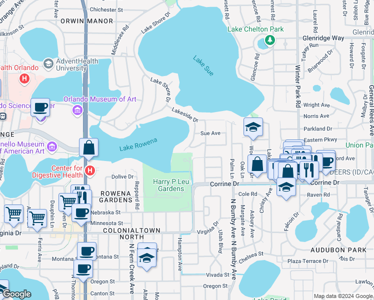 map of restaurants, bars, coffee shops, grocery stores, and more near 1600 Lakeside Drive in Orlando