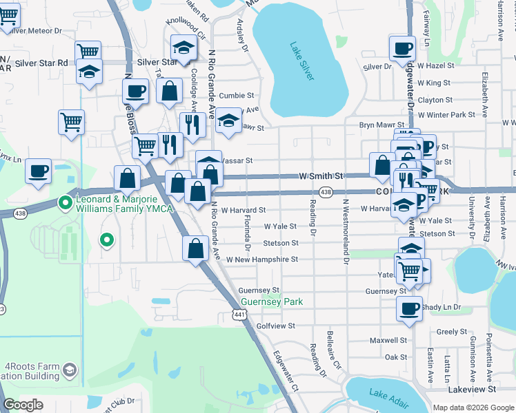 map of restaurants, bars, coffee shops, grocery stores, and more near 1333 West Harvard Street in Orlando