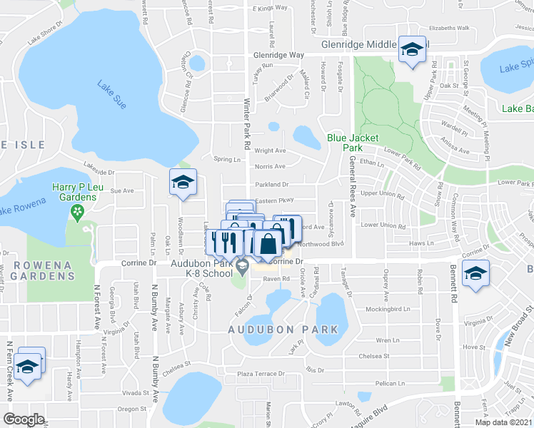 map of restaurants, bars, coffee shops, grocery stores, and more near 2719 Woodside Avenue in Winter Park