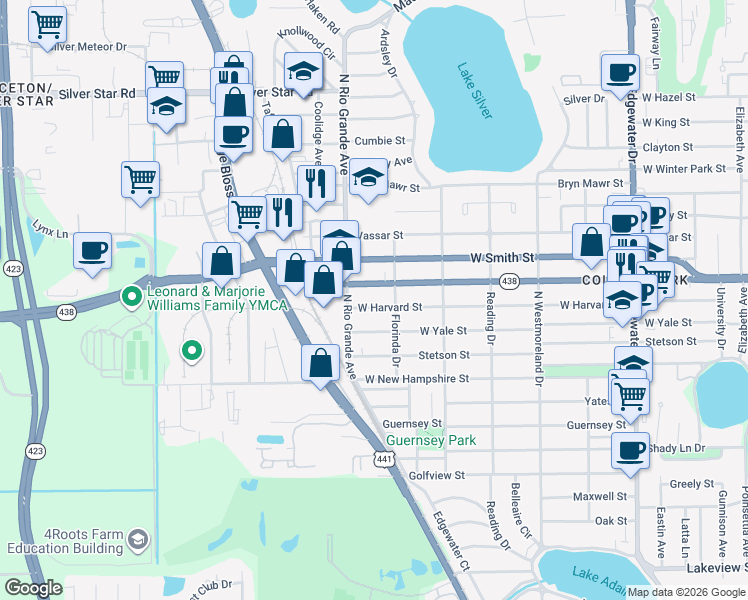 map of restaurants, bars, coffee shops, grocery stores, and more near 1421 West Harvard Street in Orlando