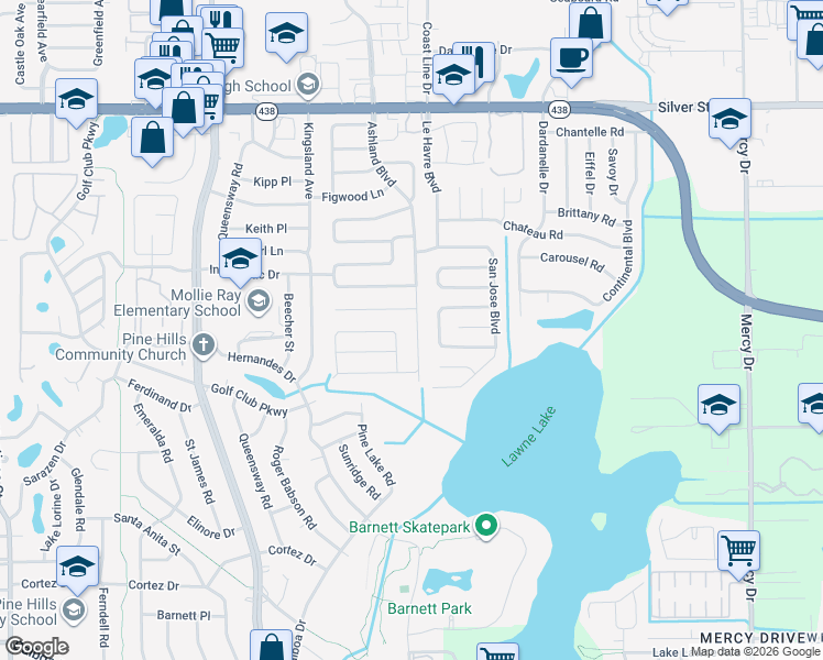 map of restaurants, bars, coffee shops, grocery stores, and more near 2102 Ashland Boulevard in Orlando