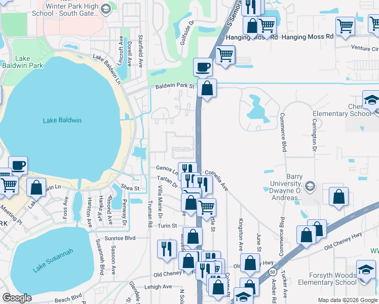 map of restaurants, bars, coffee shops, grocery stores, and more near 5652 Royal Pine Boulevard in Orlando