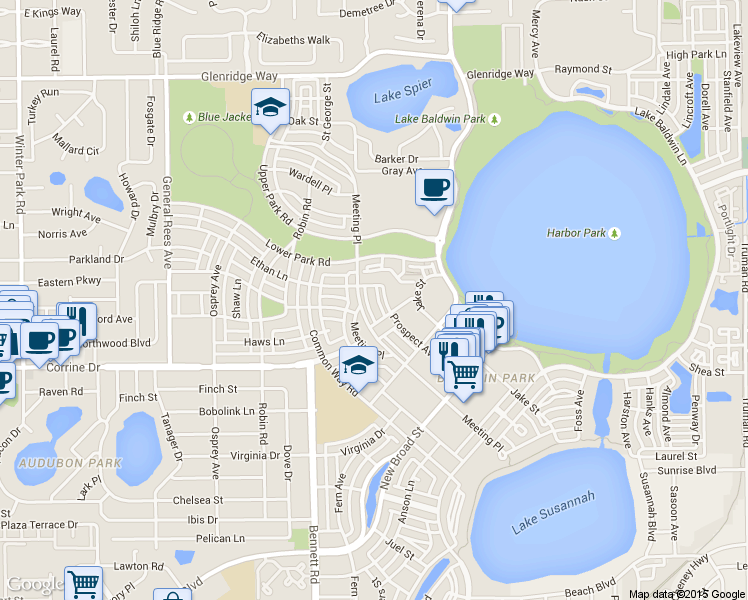 map of restaurants, bars, coffee shops, grocery stores, and more near 2071 Meeting Place in Orlando