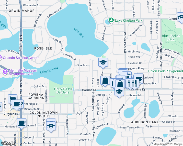 map of restaurants, bars, coffee shops, grocery stores, and more near 2224 Rowena Avenue in Orlando