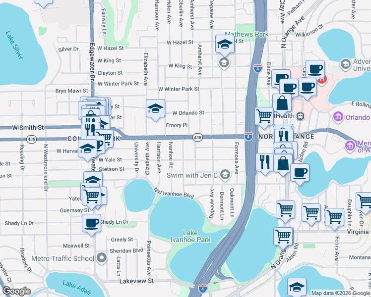 map of restaurants, bars, coffee shops, grocery stores, and more near 2104 Amherst Avenue in Orlando