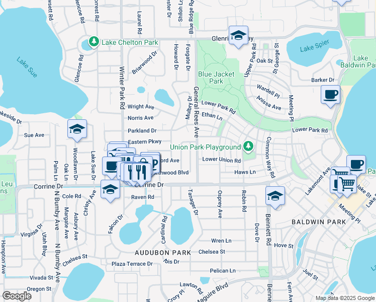 map of restaurants, bars, coffee shops, grocery stores, and more near 3031 Northwood Boulevard in Winter Park