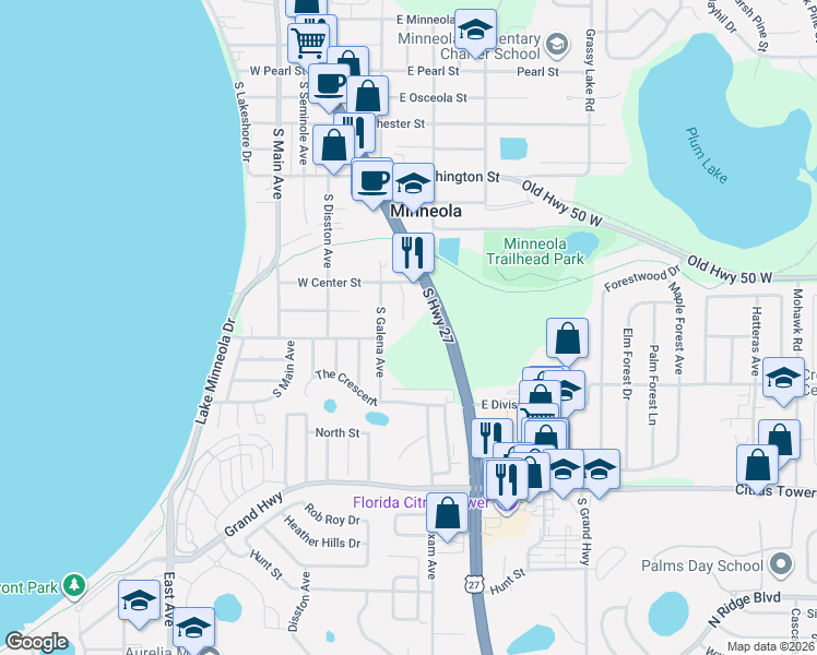 map of restaurants, bars, coffee shops, grocery stores, and more near 811 Orange Brook Court in Minneola