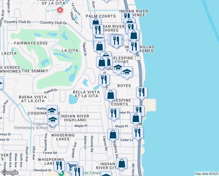 map of restaurants, bars, coffee shops, grocery stores, and more near 3765 South Hopkins Avenue in Titusville