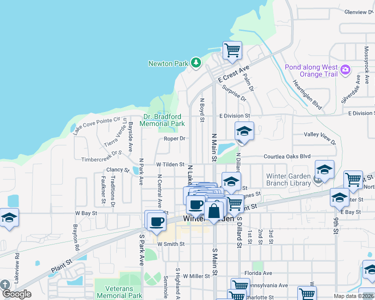 map of restaurants, bars, coffee shops, grocery stores, and more near 378 North Lakeview Avenue in Winter Garden