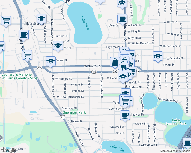 map of restaurants, bars, coffee shops, grocery stores, and more near 1025 West Harvard Street in Orlando