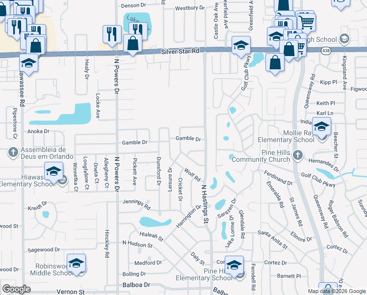 map of restaurants, bars, coffee shops, grocery stores, and more near 2205 Tupelo Road in Orlando
