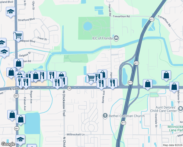 map of restaurants, bars, coffee shops, grocery stores, and more near 1915 Deborah Drive in Orlando
