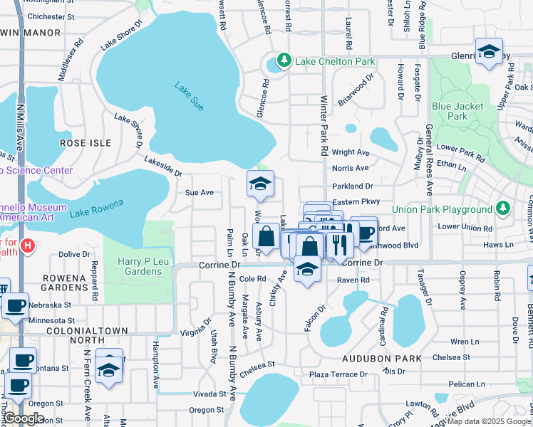 map of restaurants, bars, coffee shops, grocery stores, and more near 2507 Woodside Avenue in Orlando