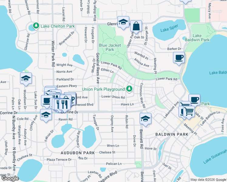 map of restaurants, bars, coffee shops, grocery stores, and more near 2075 Osprey Avenue in Orlando