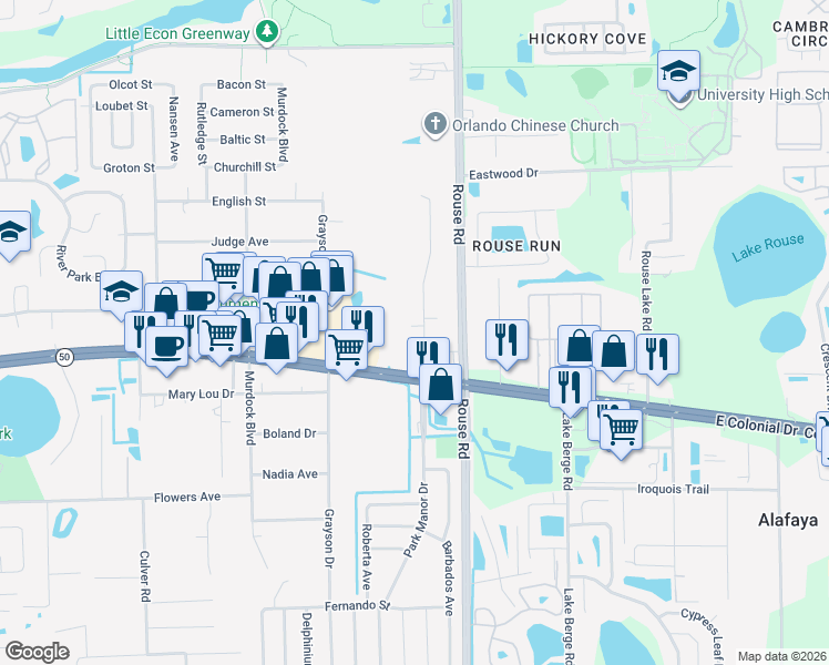 map of restaurants, bars, coffee shops, grocery stores, and more near 1826 Park Manor Drive in Orlando