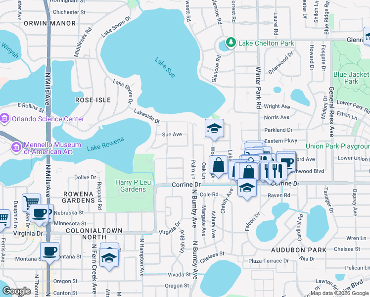 map of restaurants, bars, coffee shops, grocery stores, and more near 2224 Rowena Avenue in Orlando