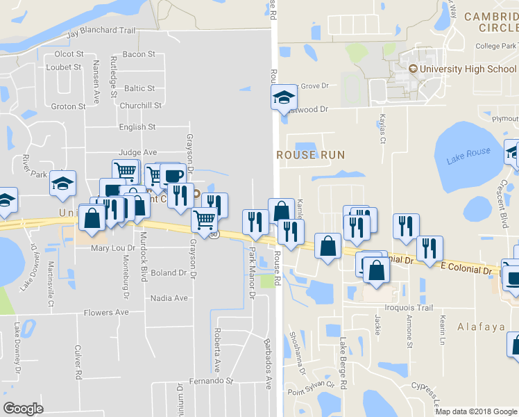 map of restaurants, bars, coffee shops, grocery stores, and more near 1829 Park Manor Drive in Orlando