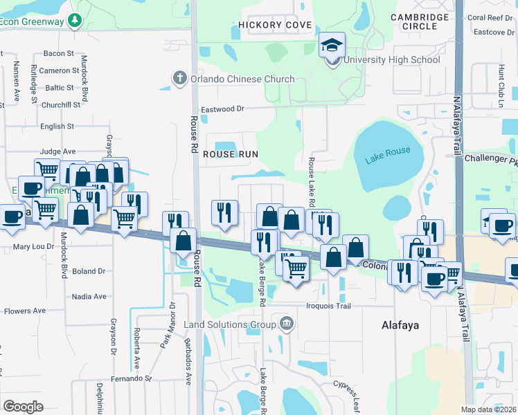 map of restaurants, bars, coffee shops, grocery stores, and more near 11191 East Colonial Drive in Orlando
