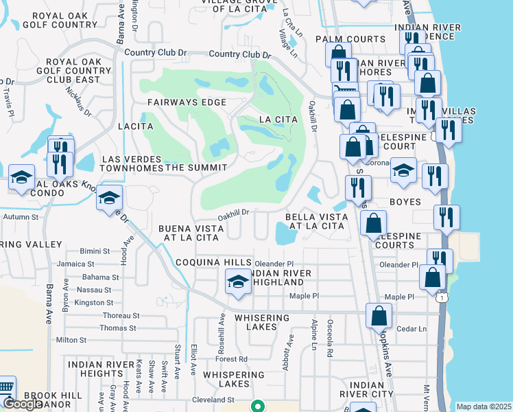 map of restaurants, bars, coffee shops, grocery stores, and more near 3780 Oakhill Drive in Titusville