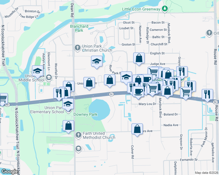 map of restaurants, bars, coffee shops, grocery stores, and more near 2018 Royal Vista Court in Orlando