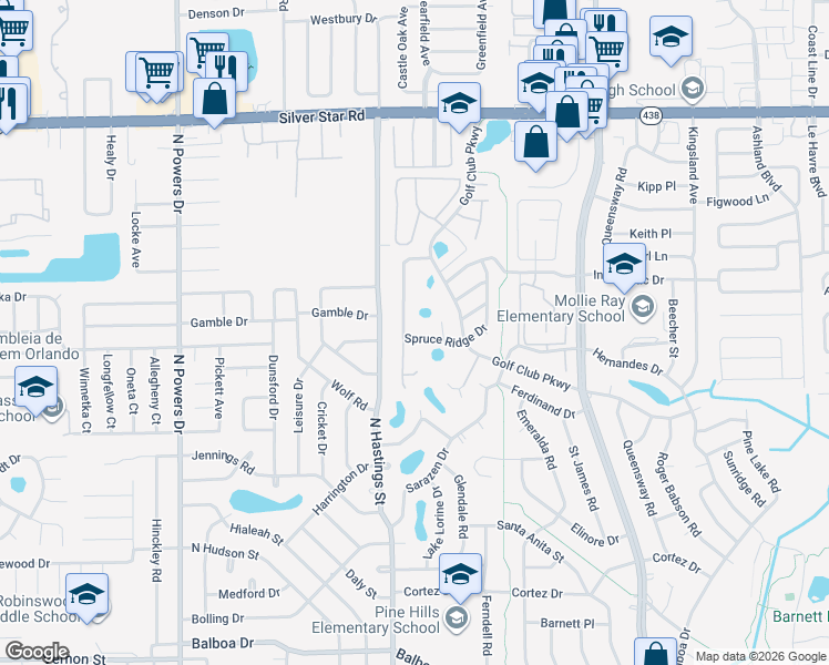 map of restaurants, bars, coffee shops, grocery stores, and more near 1838 Spruce Ridge Drive in Orlando