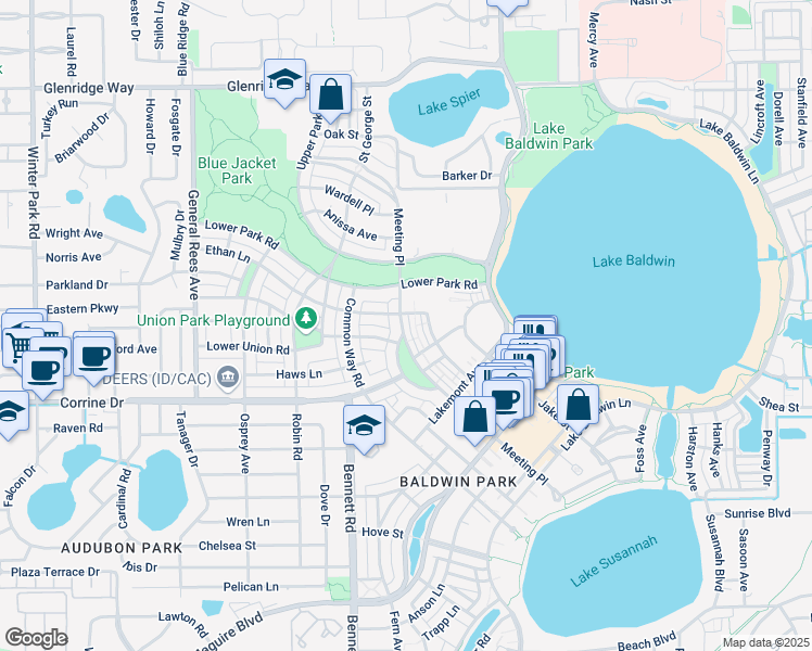 map of restaurants, bars, coffee shops, grocery stores, and more near 2071 Meeting Place in Orlando