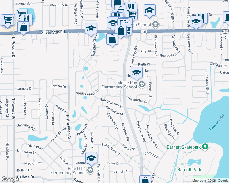 map of restaurants, bars, coffee shops, grocery stores, and more near 209 Hernandes Drive in Pine Hills