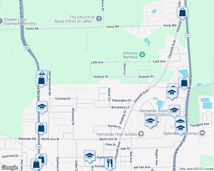 map of restaurants, bars, coffee shops, grocery stores, and more near 208 Alpine Cir in Brooksville