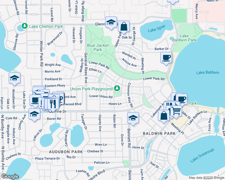 map of restaurants, bars, coffee shops, grocery stores, and more near 1072 Upper Union Road in Orlando