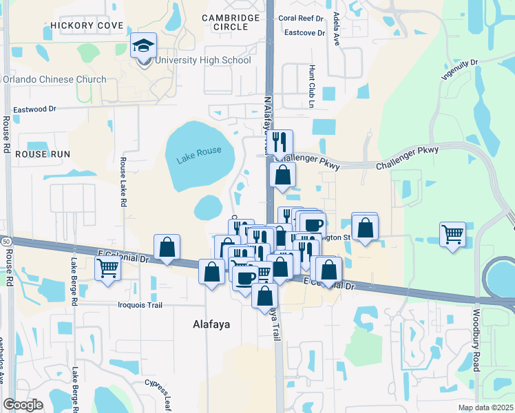 map of restaurants, bars, coffee shops, grocery stores, and more near 11726 Rhode Island Street in Orlando