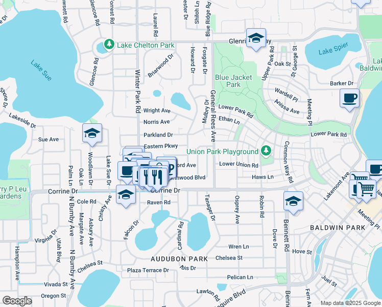 map of restaurants, bars, coffee shops, grocery stores, and more near 2266 Howard Drive in Winter Park