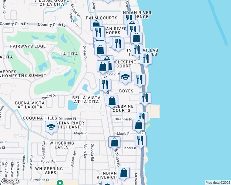 map of restaurants, bars, coffee shops, grocery stores, and more near 3765 South Hopkins Avenue in Titusville