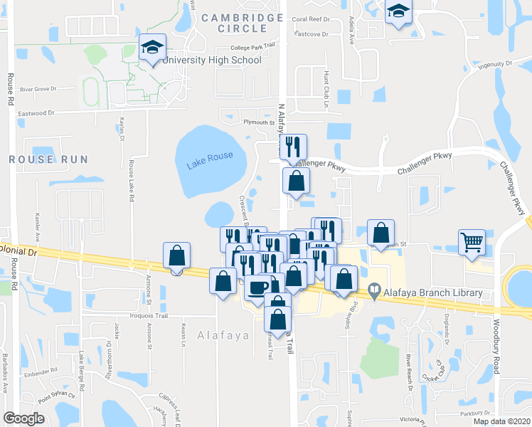 map of restaurants, bars, coffee shops, grocery stores, and more near 11726 Rhode Island Street in Orlando