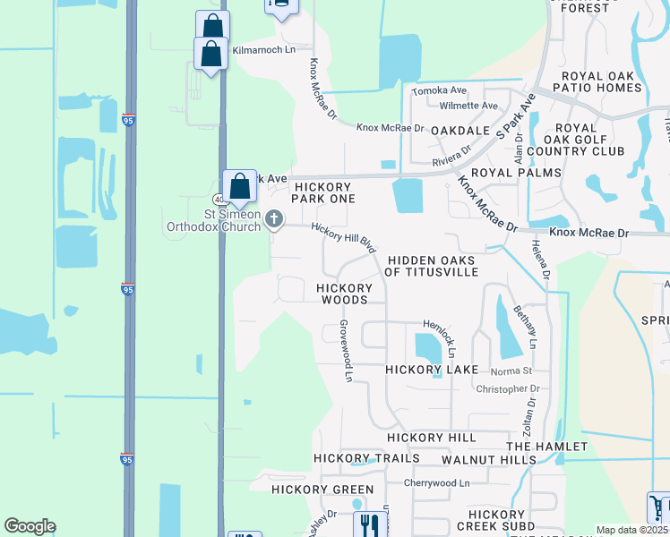 map of restaurants, bars, coffee shops, grocery stores, and more near 3855 Cottonwood Drive in Titusville