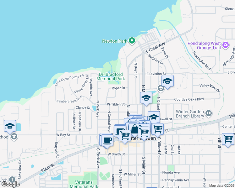 map of restaurants, bars, coffee shops, grocery stores, and more near 383 Floral Drive in Winter Garden