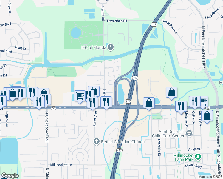 map of restaurants, bars, coffee shops, grocery stores, and more near 8801 Mishawaka Lane in Orlando